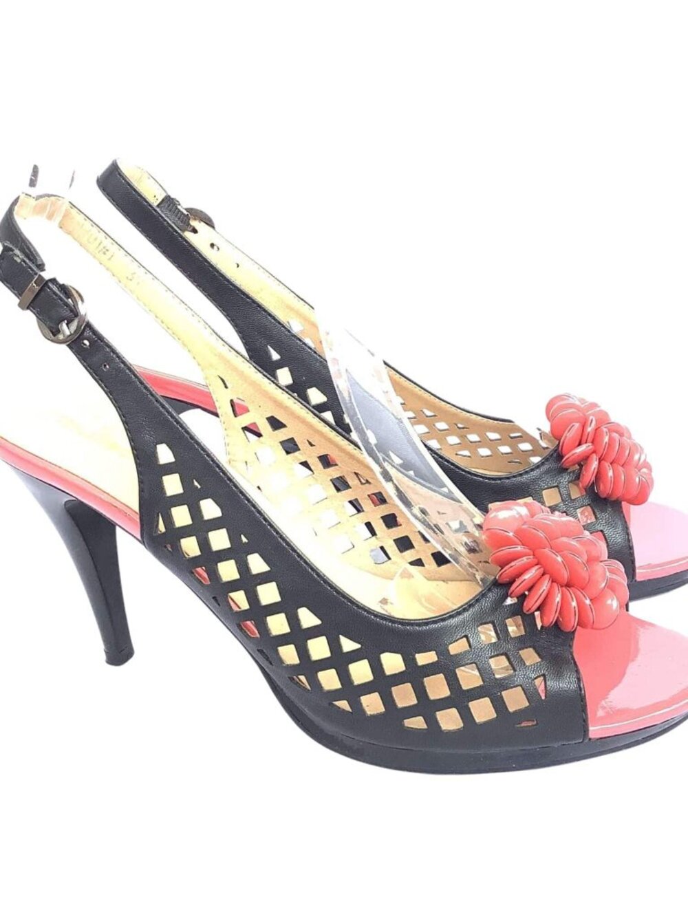 Party Dance Heels Laser-Cut Perforated Stilettos Slingback Black Size-9